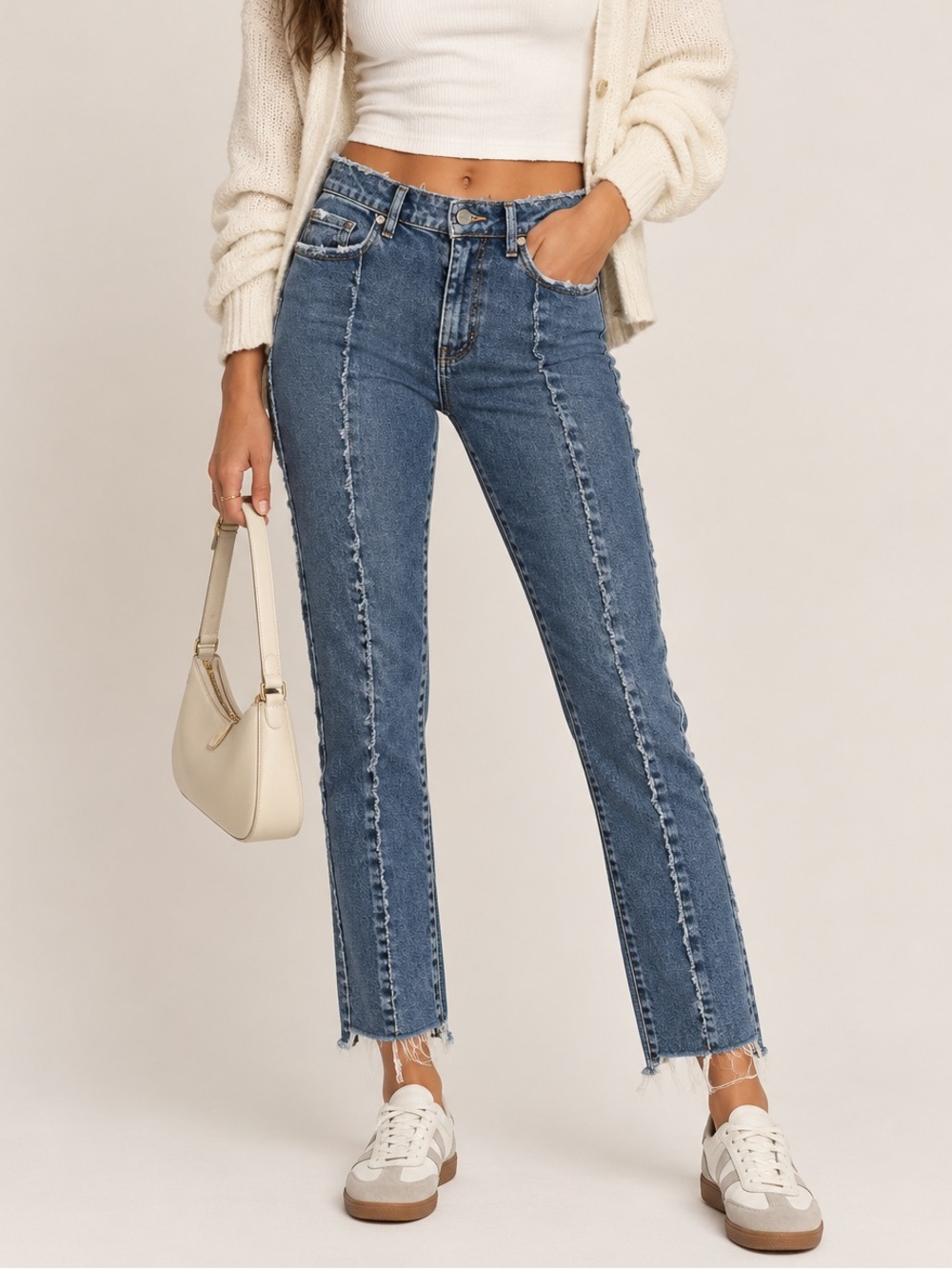 PAIGE Jacqueline Straight Leg Jeans Front Seam Raw Hem Blue Size 29